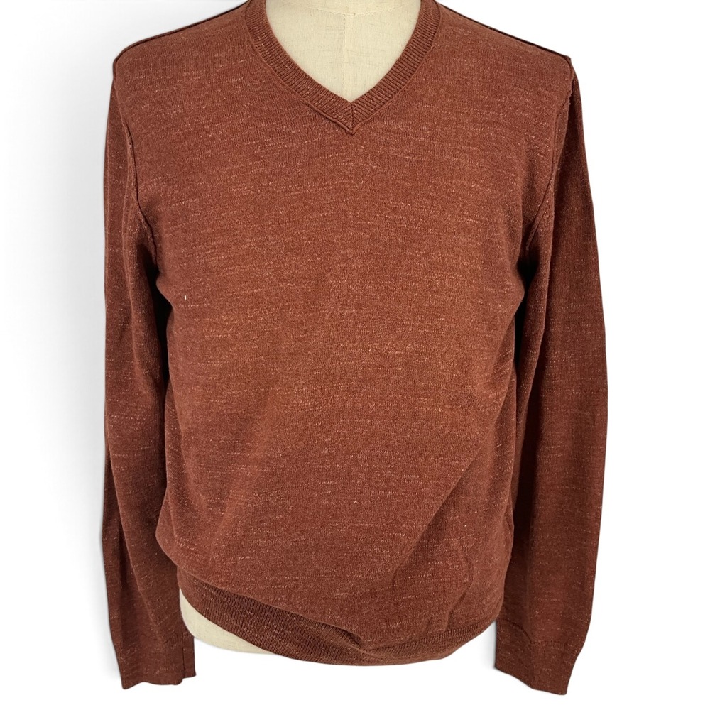Lucky Brand Mens V-Neck Sweater Rust Orange 100% Cotton Knit Pullover Size M